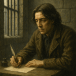 A realistic oil painting of Oscar Wilde writing at a small desk in his prison cell, surrounded by dim light and worn walls.