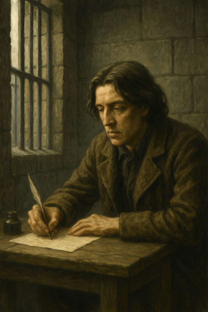 A realistic oil painting of Oscar Wilde writing at a small desk in his prison cell, surrounded by dim light and worn walls.