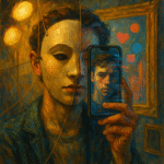 Oil painting of a split portrait showing a person’s real self and digital persona, symbolizing performed authenticity in the digital age.