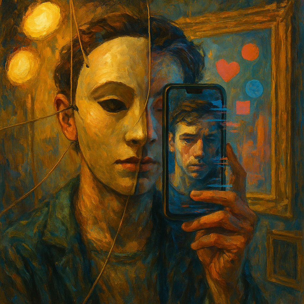Oil painting of a split portrait showing a person’s real self and digital persona, symbolizing performed authenticity in the digital age.