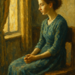 An oil painting of a person sitting peacefully by a sunlit window, gazing outside in quiet reflection, symbolizing patience, mindfulness, and the beauty of waiting.