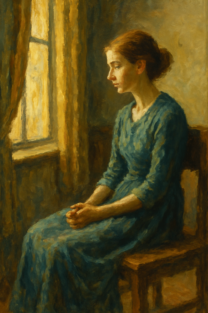 An oil painting of a person sitting peacefully by a sunlit window, gazing outside in quiet reflection, symbolizing patience, mindfulness, and the beauty of waiting.