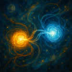 Artistic oil painting depicting quantum entanglement with two interconnected particles glowing across cosmic space, symbolizing the mystery of quantum mechanics.