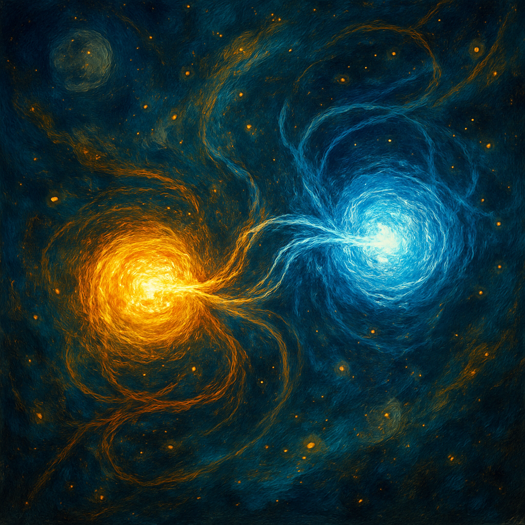 Artistic oil painting depicting quantum entanglement with two interconnected particles glowing across cosmic space, symbolizing the mystery of quantum mechanics.
