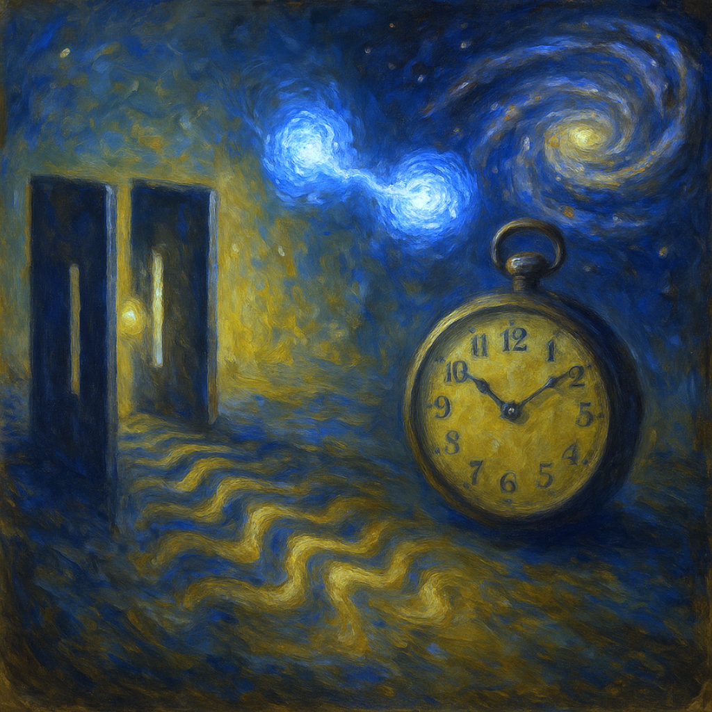 An oil painting depicting surreal waves of light and floating particles symbolizing quantum time, with abstract clocks and cosmic energy representing the illusion of time and the mysteries of quantum mechanics.