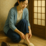 A realistic oil painting showing a serene home entrance where a guest removes their shoes before entering, surrounded by soft natural light, wooden textures, and minimalist decor.