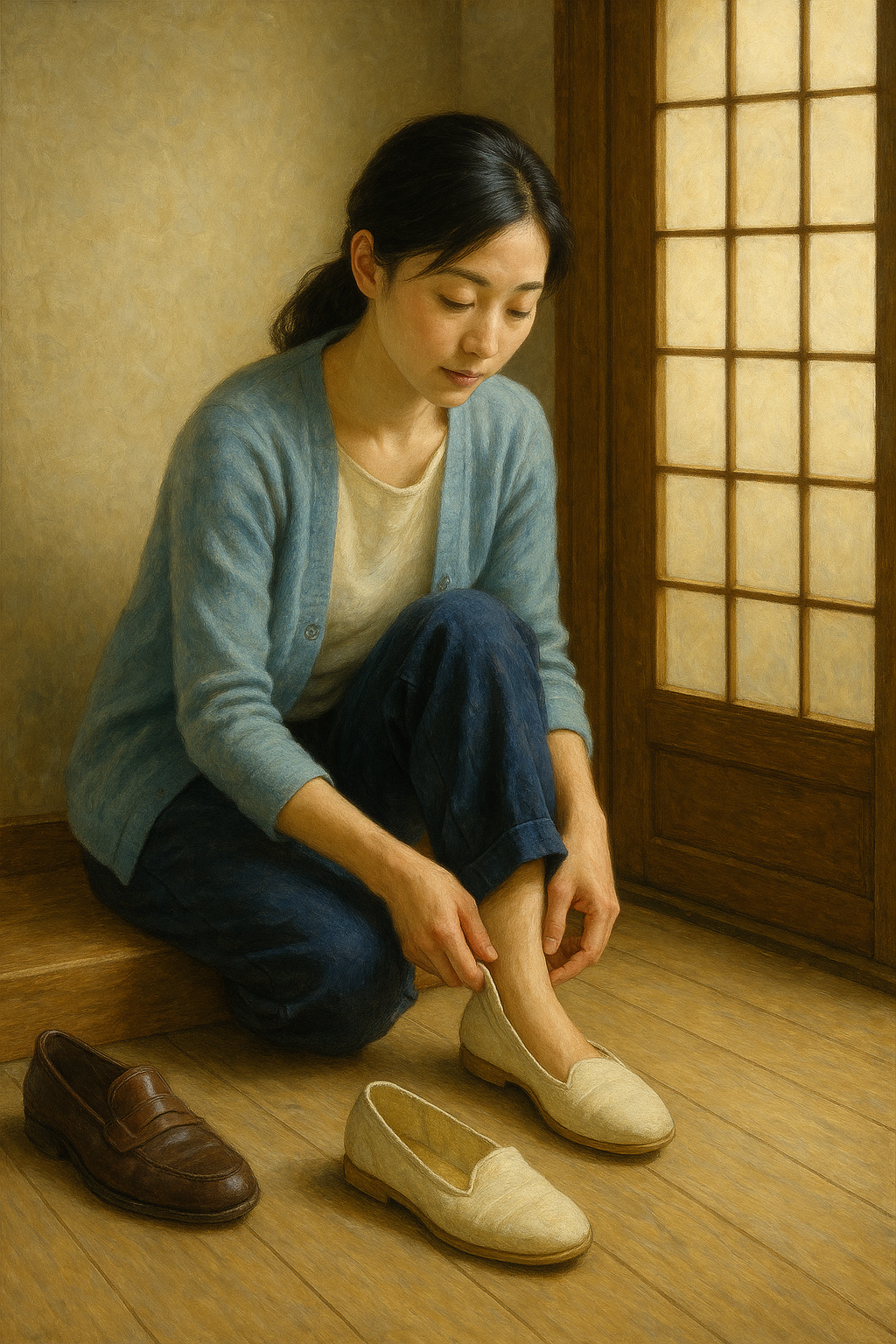 A realistic oil painting showing a serene home entrance where a guest removes their shoes before entering, surrounded by soft natural light, wooden textures, and minimalist decor.