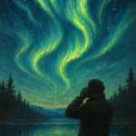 An artistic oil painting of the Northern Lights glowing over a snowy Arctic landscape, reflecting on a frozen lake with shades of green, purple, and blue, as a lone figure gazes in awe under the celestial display.