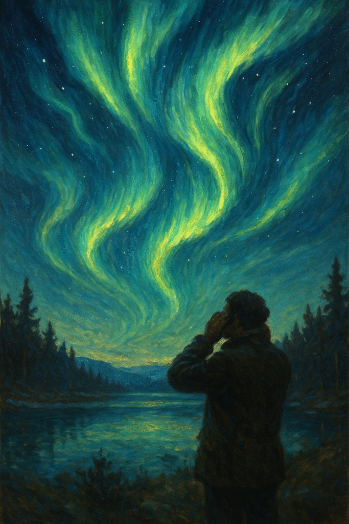 An artistic oil painting of the Northern Lights glowing over a snowy Arctic landscape, reflecting on a frozen lake with shades of green, purple, and blue, as a lone figure gazes in awe under the celestial display.