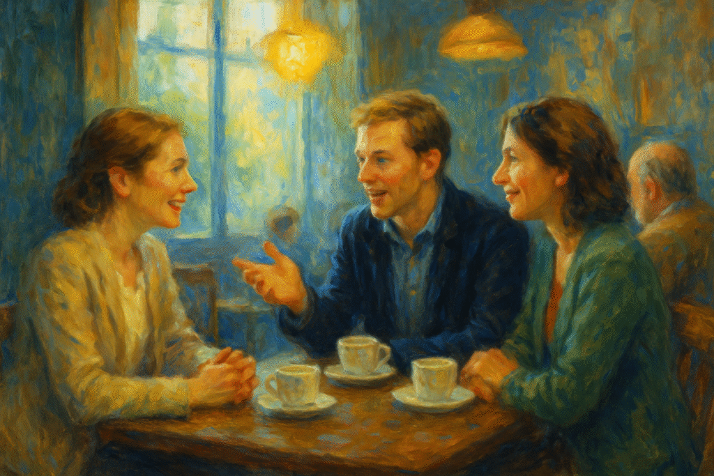 A bright and detailed oil painting of people having light, friendly conversations in a cozy café, symbolizing warmth, connection, and the cultural depth of small talk.