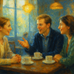 A bright and detailed oil painting of people having light, friendly conversations in a cozy café, symbolizing warmth, connection, and the cultural depth of small talk.