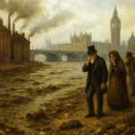 An oil painting of Victorian London during the Great Stink of 1858, showing the Thames River glowing under a hazy golden sunset, with citizens in period clothing walking by the embankment and the Palace of Westminster in the background.
