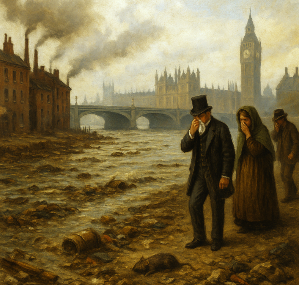 An oil painting of Victorian London during the Great Stink of 1858, showing the Thames River glowing under a hazy golden sunset, with citizens in period clothing walking by the embankment and the Palace of Westminster in the background.