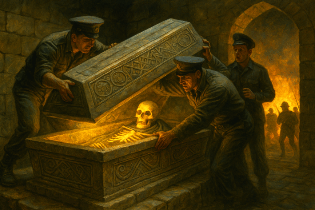 Oil painting of Timur’s tomb in Samarkand, depicting ancient legends and the mysterious curse said to have unleashed war and destruction.