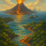 An oil painting of a volcanic island emerging from the ocean, with glowing lava flowing into blue waters and lush greenery forming on older land, symbolizing life created by fire.