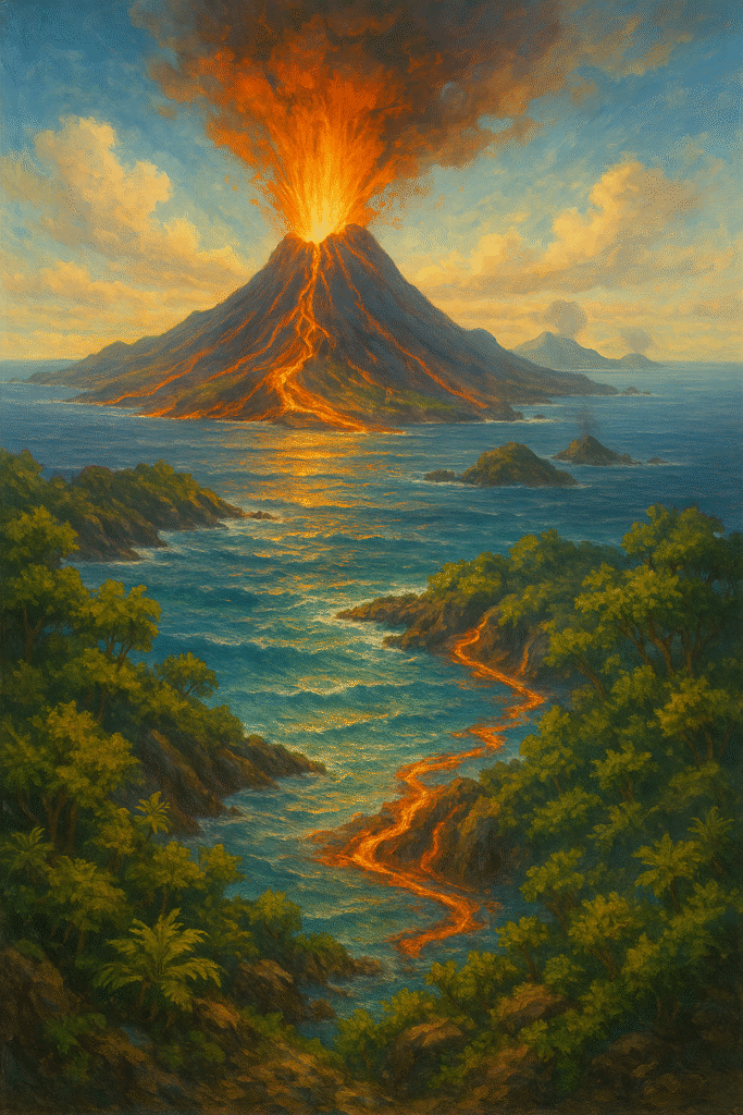 An oil painting of a volcanic island emerging from the ocean, with glowing lava flowing into blue waters and lush greenery forming on older land, symbolizing life created by fire.