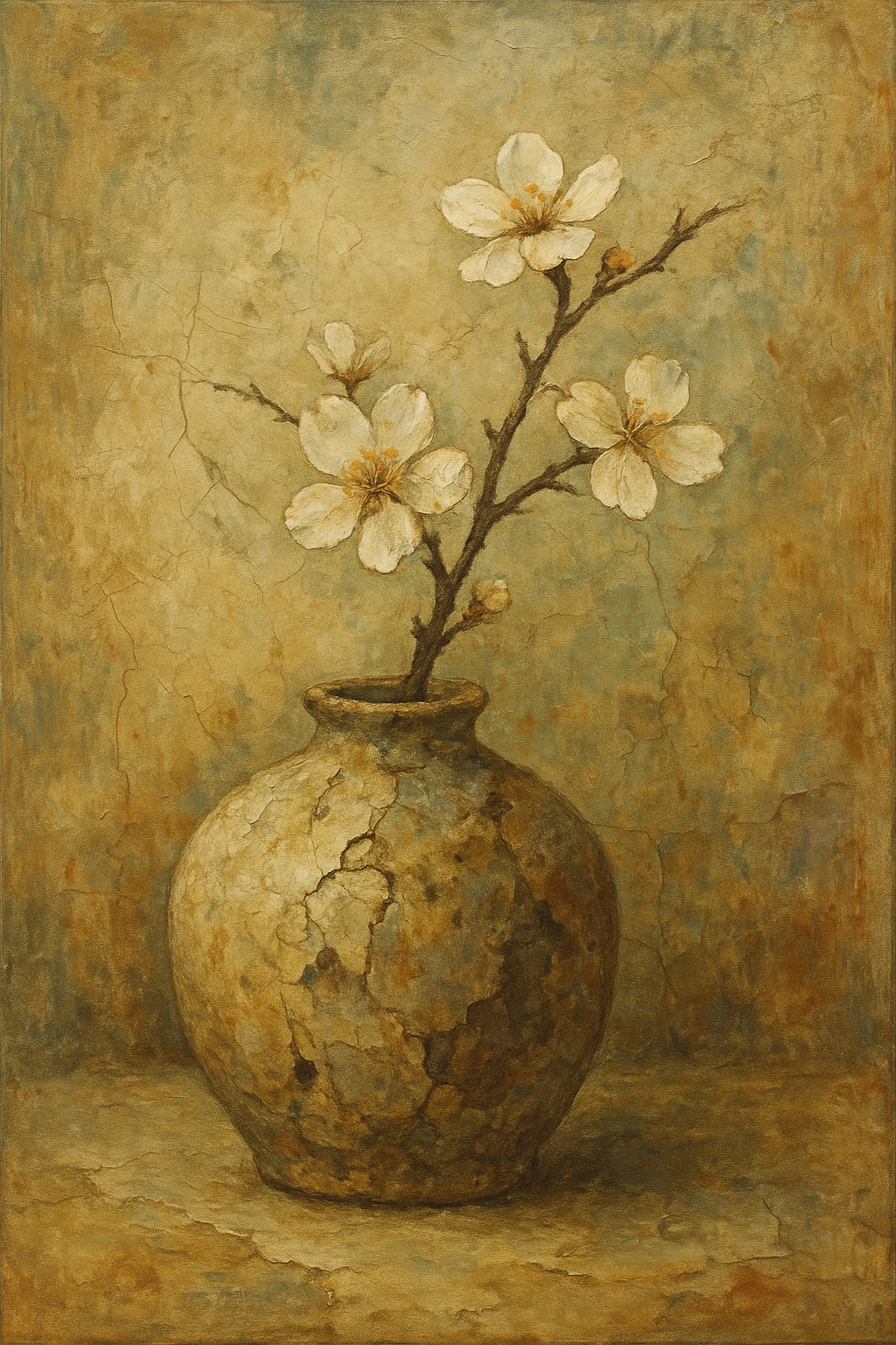 Traditional Japanese Wabi-Sabi painting showing rustic simplicity, natural textures, and the beauty of imperfection in nature and handmade objects.