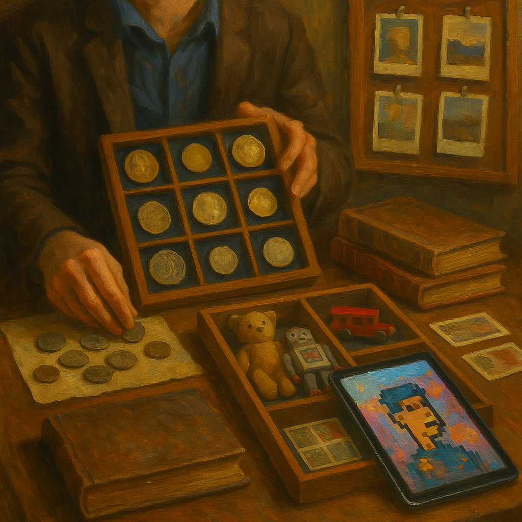 Person displaying ancient coins, vintage toys, and NFT art—illustrating collecting psychology, nostalgia, and provenance