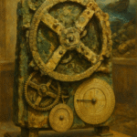Oil painting of the Antikythera Mechanism on a wooden pedestal, showing corroded bronze gears and dials, with a faint shipwreck scene behind—ancient Greek mechanical computer.