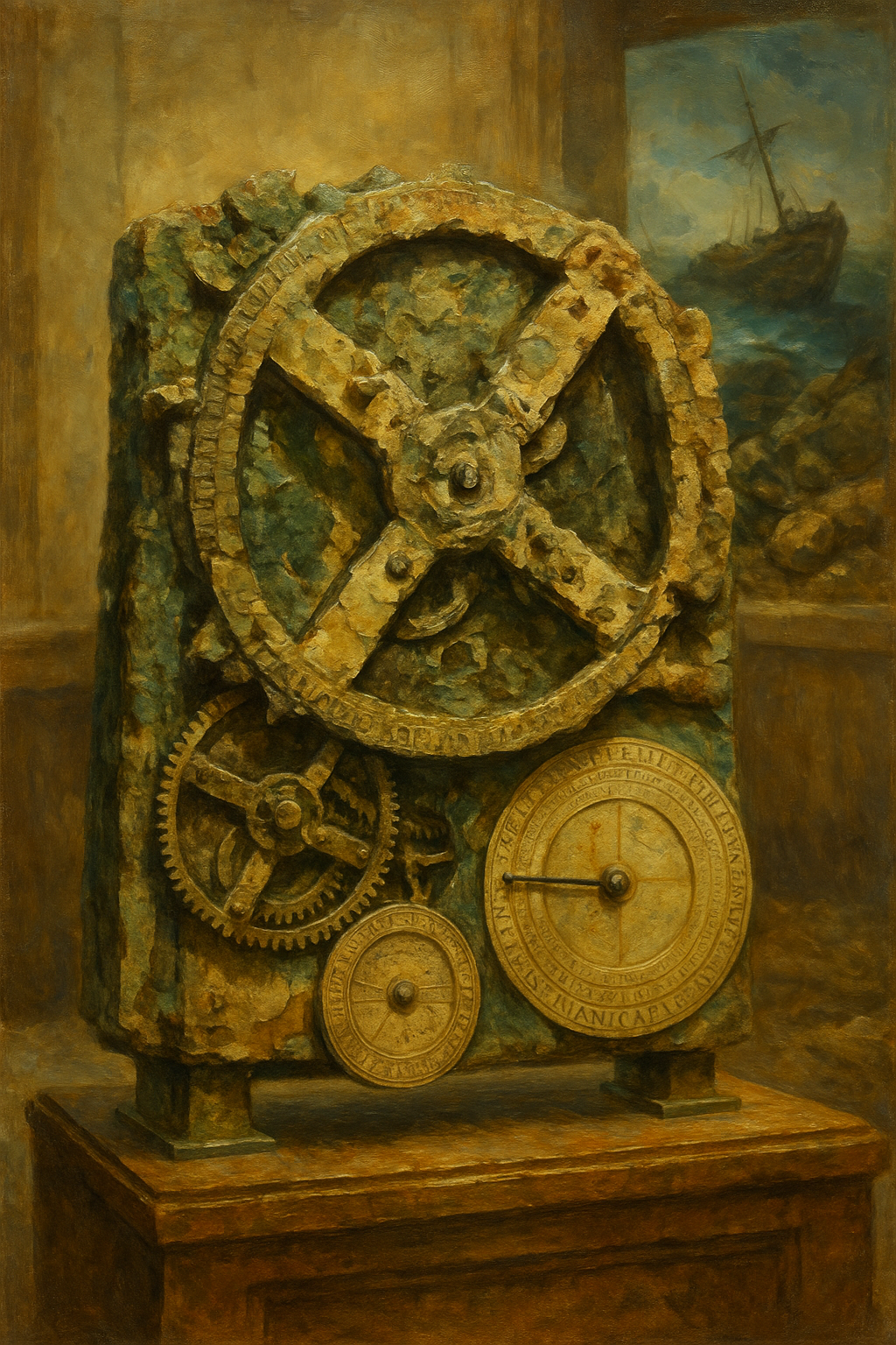 Oil painting of the Antikythera Mechanism on a wooden pedestal, showing corroded bronze gears and dials, with a faint shipwreck scene behind—ancient Greek mechanical computer.