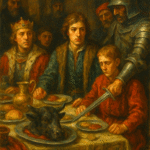 Oil painting of the Black Dinner feast: young Douglas brothers seated beside the child king at a candlelit table as a black bull’s head is presented and armored men close in, capturing tense betrayal at Edinburgh Castle in 1440.