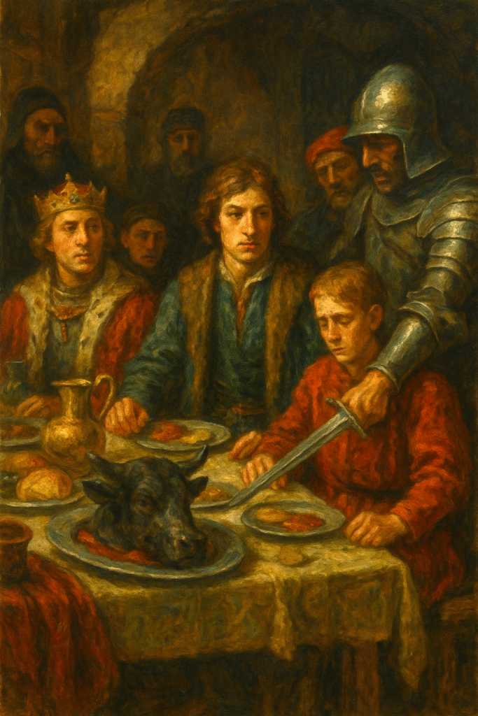 Oil painting of the Black Dinner feast: young Douglas brothers seated beside the child king at a candlelit table as a black bull’s head is presented and armored men close in, capturing tense betrayal at Edinburgh Castle in 1440.