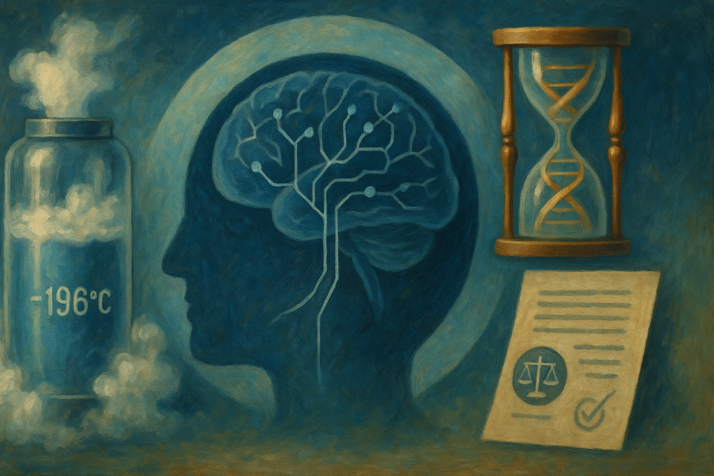 Oil painting featuring a cryogenic vessel, a human head silhouette with neural circuitry, an hourglass with a DNA helix, and a consent document—symbolizing vitrification, biostasis, law, and time.