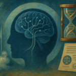 Oil painting featuring a cryogenic vessel, a human head silhouette with neural circuitry, an hourglass with a DNA helix, and a consent document—symbolizing vitrification, biostasis, law, and time.
