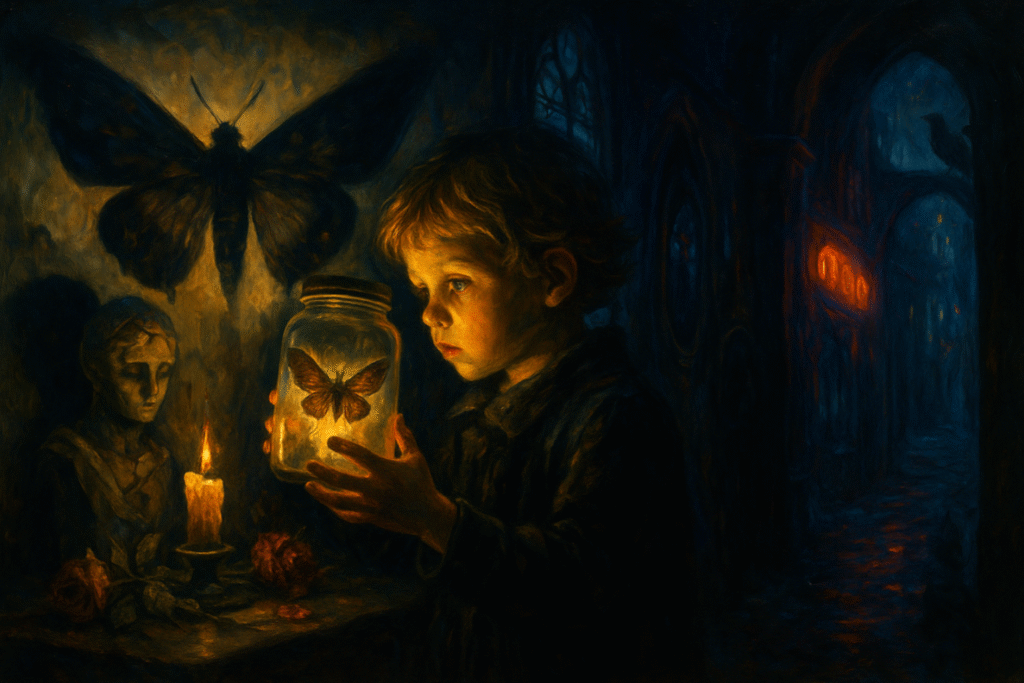 Oil painting of a lone figure examining a moth in a glass jar, candles and roses in shadow—evoking dark aesthetic allure