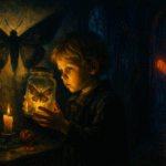 Oil painting of a lone figure examining a moth in a glass jar, candles and roses in shadow—evoking dark aesthetic allure