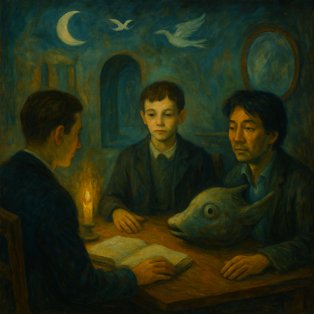 Oil painting of three men at a candlelit table in a surreal room with moon, birds, and a strange animal head, evoking dream logic in literature and the uncanny.