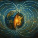 Oil painting of Earth with a glowing core cutaway and curved magnetic field lines reversing direction, illustrating an earth magnetic field flip and geomagnetic reversal.