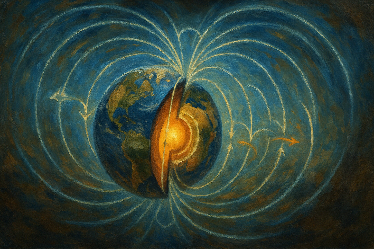 Oil painting of Earth with a glowing core cutaway and curved magnetic field lines reversing direction, illustrating an earth magnetic field flip and geomagnetic reversal.