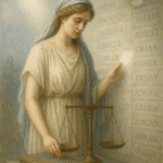 Oil painting of a woman gently veiling a name on a memorial wall while holding balanced scales beside an archive box—ethics of forgetting and right to be forgotten.