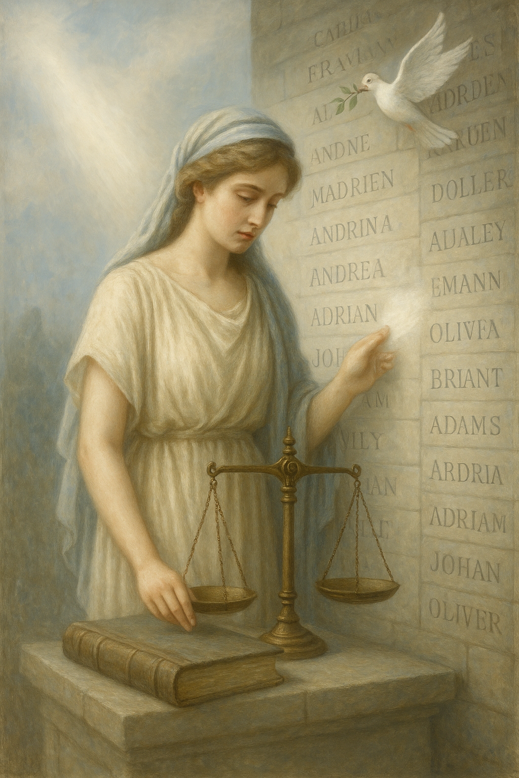 Oil painting of a woman gently veiling a name on a memorial wall while holding balanced scales beside an archive box—ethics of forgetting and right to be forgotten.