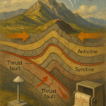 Cross-section scientific illustration of a mountain belt showing anticlines, synclines, thrust faults with arrows, GPS/InSAR markers, and uplift vs. erosion processes.
