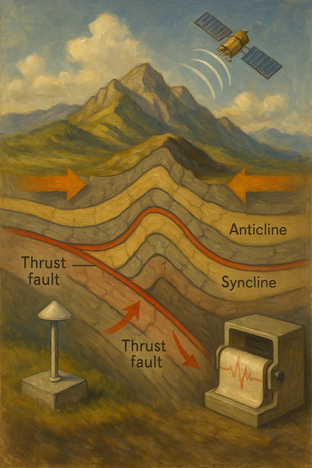 Cross-section scientific illustration of a mountain belt showing anticlines, synclines, thrust faults with arrows, GPS/InSAR markers, and uplift vs. erosion processes.