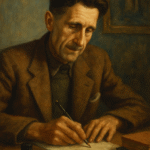 Realistic oil painting of George Orwell sitting at his desk with books and a typewriter under soft daylight, symbolizing his reflective writing process.