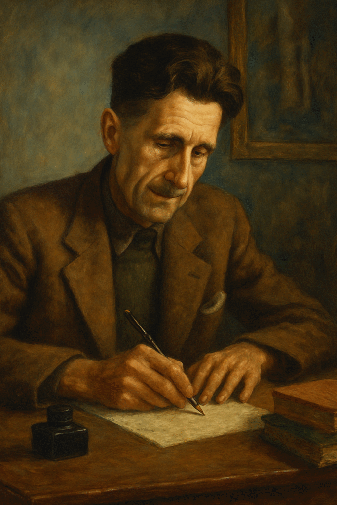Realistic oil painting of George Orwell sitting at his desk with books and a typewriter under soft daylight, symbolizing his reflective writing process.