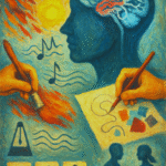 Oil painting of a head in profile with neural pathways, warm sun, hands painting and drawing, rhythm/grounding icons, and two people co-regulating—symbolizing creative trauma healing.