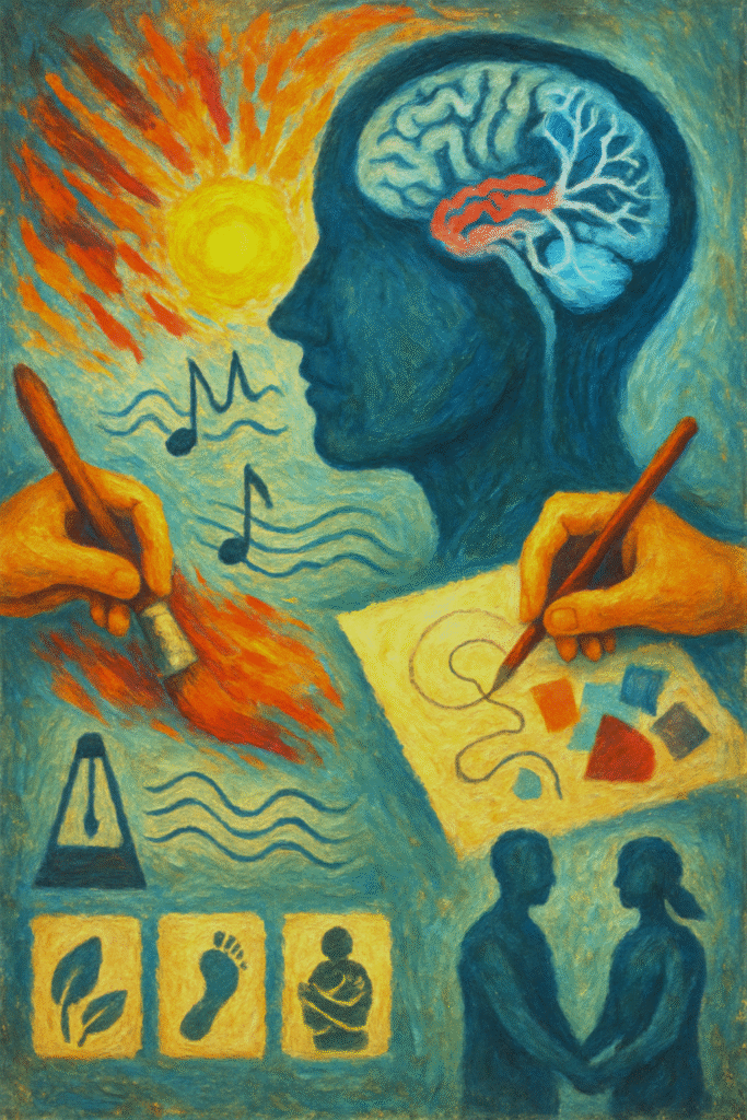 Oil painting of a head in profile with neural pathways, warm sun, hands painting and drawing, rhythm/grounding icons, and two people co-regulating—symbolizing creative trauma healing.