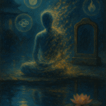 Oil painting of a meditating figure dissolving into light, symbolizing anatta and the five skandhas in Buddhist philosophy