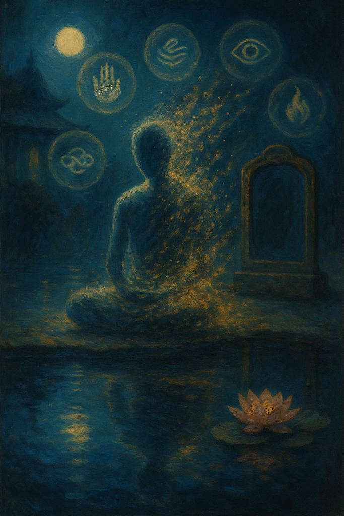 Oil painting of a meditating figure dissolving into light, symbolizing anatta and the five skandhas in Buddhist philosophy