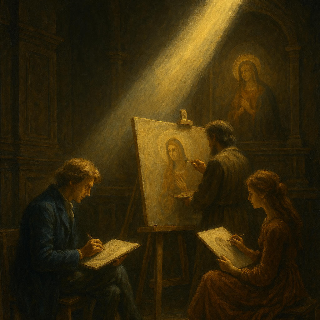 Oil painting of three artists in a dim chapel painting an icon under a single golden beam of light, symbolizing light as spiritual insight and creative revelation.