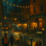 Oil painting of a lively nighttime street with string lights, open cafés, a street-food cart, bus and subway entrance—illustrating the night economy and 24/7 city life.