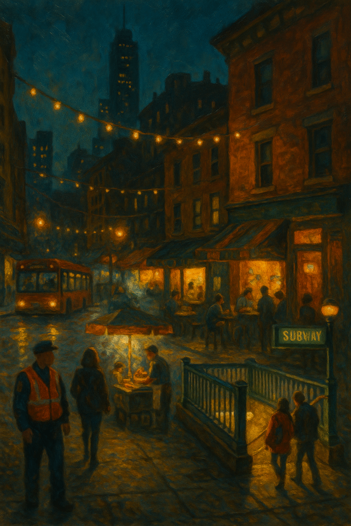Oil painting of a lively nighttime street with string lights, open cafés, a street-food cart, bus and subway entrance—illustrating the night economy and 24/7 city life.