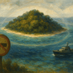 Oil painting of a lush, reef-ringed island with a distant patrol boat and a subtle buffer zone circle, symbolizing legal protection, isolation, and non-contact ethics.