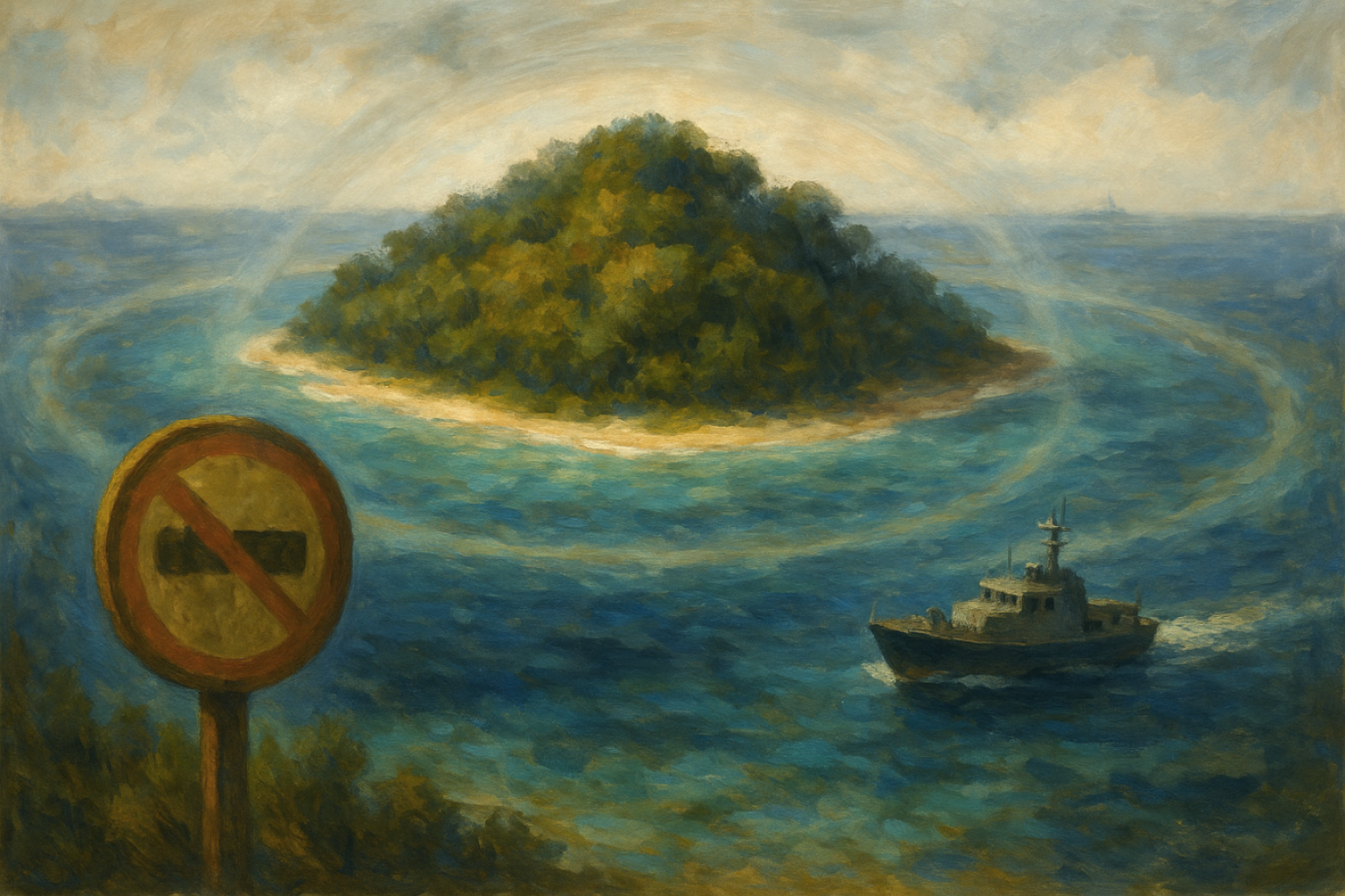 Oil painting of a lush, reef-ringed island with a distant patrol boat and a subtle buffer zone circle, symbolizing legal protection, isolation, and non-contact ethics.