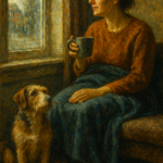 Woman with mug by rainy window, sharing a blanket with her dog—warm domestic moment of pet parenthood in oil painting.