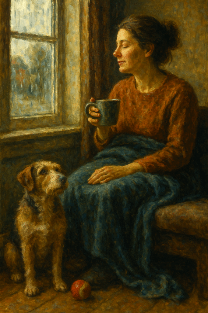 Woman with mug by rainy window, sharing a blanket with her dog—warm domestic moment of pet parenthood in oil painting.